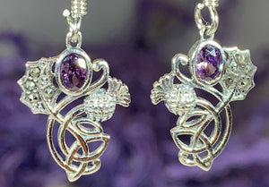 Thistle Earrings, Trinity Knot Jewelry, Celtic Jewelry, Outlander Jewelry, Marcasite Jewelry, Mom Gift, Amethyst Jewelry, Pagan Jewelry