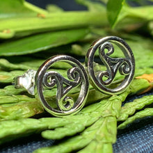 Load image into Gallery viewer, Celtic Spiral Stud Earrings, Irish Jewelry, Celtic Jewelry, Anniversary Gift, Triskele Jewelry, Norse Jewelry, Silver Post Earrings
