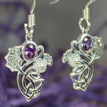 Load image into Gallery viewer, Thistle Earrings, Trinity Knot Jewelry, Celtic Jewelry, Outlander Jewelry, Marcasite Jewelry, Mom Gift, Amethyst Jewelry, Pagan Jewelry
