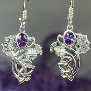 Thistle Earrings, Trinity Knot Jewelry, Celtic Jewelry, Outlander Jewelry, Marcasite Jewelry, Mom Gift, Amethyst Jewelry, Pagan Jewelry