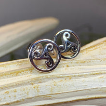 Load image into Gallery viewer, Celtic Spiral Stud Earrings, Irish Jewelry, Celtic Jewelry, Anniversary Gift, Triskele Jewelry, Norse Jewelry, Silver Post Earrings
