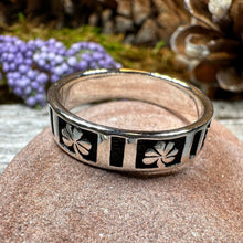 Load image into Gallery viewer, Shamrock Ring, Celtic Band Ring, Irish Jewelry, Clover Jewelry, Ireland Gift, Irish Dance Gift, Anniversary Gift, Wedding Band
