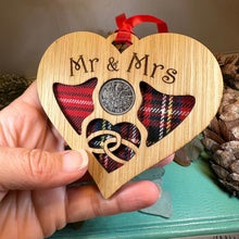 Load image into Gallery viewer, Newlywed Christmas Ornament, Lucky Sixpence, Scotland Gift, Gift for Bride, Tartan Gift, Tree Ornament, Good Luck Gift, Oak Wood Plaque
