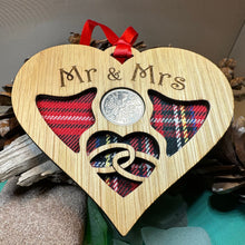 Load image into Gallery viewer, Newlywed Christmas Ornament, Lucky Sixpence, Scotland Gift, Gift for Bride, Tartan Gift, Tree Ornament, Good Luck Gift, Oak Wood Plaque
