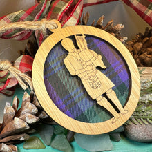 Load image into Gallery viewer, Bagpiper Ornament, Christmas Tree Ornament, Scotland Gift, Scottish Gift, Tartan Gift, Hanging Ornament, Bagpipes, Oak Wood Plaque
