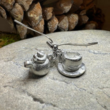Load image into Gallery viewer, Teapot &amp; Cup Earrings, Irish Jewelry, Tea Drinker Gift, Celtic Jewelry, Mom Gift, Wife Gift, Girlfriend Gift, Pewter Teacup Gift
