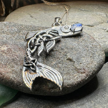 Load image into Gallery viewer, Salmon of Knowledge Necklace, Celtic Jewelry, Irish Necklace, Graduation Gift, Teacher Gift, Celtic Fish Necklace, Wiccan Jewelry, Moonstone
