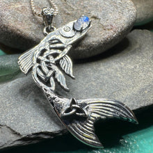 Load image into Gallery viewer, Salmon of Knowledge Necklace, Celtic Jewelry, Irish Necklace, Graduation Gift, Teacher Gift, Celtic Fish Necklace, Wiccan Jewelry, Moonstone
