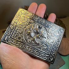 Load image into Gallery viewer, Celtic Kilt Belt Buckle, Scottish Belt Buckle, Pewter Thistle Buckle, Large Belt Buckle, Men&#39;s Celtic Gift, Celtic Knot Buckle, Bagpiper
