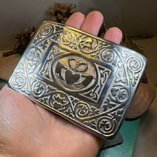 Load image into Gallery viewer, Celtic Kilt Belt Buckle, Irish Belt Buckle, Pewter Claddagh Buckle, Large Belt Buckle, Men&#39;s Celtic Gift, Celtic Knot Buckle, Bagpiper Gift
