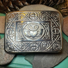 Load image into Gallery viewer, Celtic Kilt Belt Buckle, Irish Belt Buckle, Pewter Claddagh Buckle, Large Belt Buckle, Men&#39;s Celtic Gift, Celtic Knot Buckle, Bagpiper Gift
