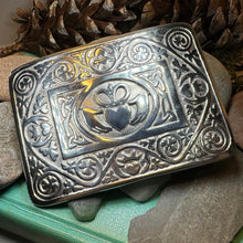 Load image into Gallery viewer, Celtic Kilt Belt Buckle, Irish Belt Buckle, Pewter Claddagh Buckle, Large Belt Buckle, Men&#39;s Celtic Gift, Celtic Knot Buckle, Bagpiper Gift
