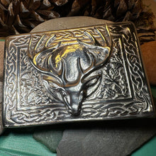 Load image into Gallery viewer, Celtic Kilt Belt Buckle, Scottish Belt Buckle, Pewter Stag Buckle, Large Belt Buckle, Men&#39;s Celtic Gift, Celtic Knot Buckle, Bagpiper
