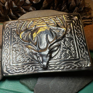 Celtic Kilt Belt Buckle, Scottish Belt Buckle, Pewter Stag Buckle, Large Belt Buckle, Men's Celtic Gift, Celtic Knot Buckle, Bagpiper