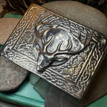 Load image into Gallery viewer, Celtic Kilt Belt Buckle, Scottish Belt Buckle, Pewter Stag Buckle, Large Belt Buckle, Men&#39;s Celtic Gift, Celtic Knot Buckle, Bagpiper
