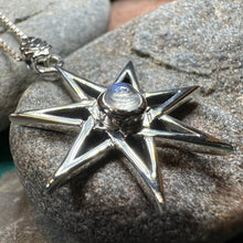 Load image into Gallery viewer, Elven Star Necklace, Seven Pointed Star Necklace, Celestial Pendant, Wiccan Jewelry, Moonstone Pendant, Pagan Jewelry, Oak Leaf, Mystical
