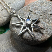 Load image into Gallery viewer, Elven Star Necklace, Seven Pointed Star Necklace, Celestial Pendant, Wiccan Jewelry, Moonstone Pendant, Pagan Jewelry, Oak Leaf, Mystical
