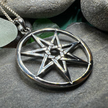 Load image into Gallery viewer, Elven Star Necklace, Seven Pointed Star Necklace, Celestial Pendant, Wiccan Jewelry, Witch Pendant, Pagan Jewelry, Oak Leaf, Mystical
