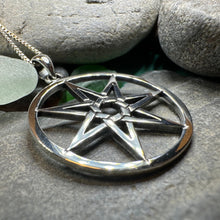 Load image into Gallery viewer, Elven Star Necklace, Seven Pointed Star Necklace, Celestial Pendant, Wiccan Jewelry, Witch Pendant, Pagan Jewelry, Oak Leaf, Mystical
