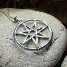 Load image into Gallery viewer, Elven Star Necklace, Seven Pointed Star Necklace, Celestial Pendant, Wiccan Jewelry, Witch Pendant, Pagan Jewelry, Oak Leaf, Mystical
