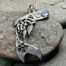 Load image into Gallery viewer, Salmon of Knowledge Necklace, Celtic Jewelry, Irish Necklace, Graduation Gift, Teacher Gift, Celtic Fish Necklace, Wiccan Jewelry, Moonstone
