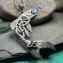 Load image into Gallery viewer, Salmon of Knowledge Necklace, Celtic Jewelry, Irish Necklace, Graduation Gift, Teacher Gift, Celtic Fish Necklace, Wiccan Jewelry, Moonstone
