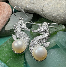 Load image into Gallery viewer, Seahorse Earrings, Sea Life Earrings, Nautical Jewelry, Pearl Anniversary Gift, Beach Jewelry, Wife Gift, Dangle Earrings, Ocean Jewelry
