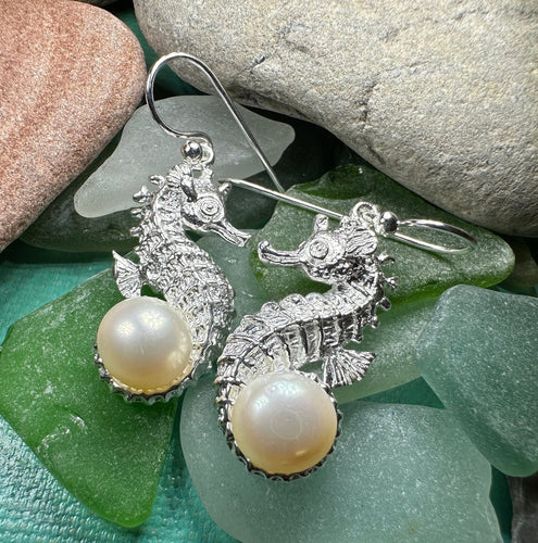 Seahorse Earrings, Sea Life Earrings, Nautical Jewelry, Pearl Anniversary Gift, Beach Jewelry, Wife Gift, Dangle Earrings, Ocean Jewelry
