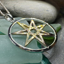 Load image into Gallery viewer, Elven Star Necklace, Seven Pointed Star Necklace, Celestial Pendant, Wiccan Jewelry, Moonstone Pendant, Pagan Jewelry, Oak Leaf, Mystical
