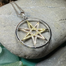 Load image into Gallery viewer, Elven Star Necklace, Seven Pointed Star Necklace, Celestial Pendant, Wiccan Jewelry, Moonstone Pendant, Pagan Jewelry, Oak Leaf, Mystical
