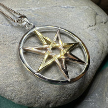 Load image into Gallery viewer, Elven Star Necklace, Seven Pointed Star Necklace, Celestial Pendant, Wiccan Jewelry, Moonstone Pendant, Pagan Jewelry, Oak Leaf, Mystical
