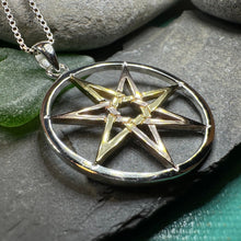 Load image into Gallery viewer, Elven Star Necklace, Seven Pointed Star Necklace, Celestial Pendant, Wiccan Jewelry, Moonstone Pendant, Pagan Jewelry, Oak Leaf, Mystical
