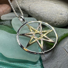 Load image into Gallery viewer, Elven Star Necklace, Seven Pointed Star Necklace, Celestial Pendant, Wiccan Jewelry, Moonstone Pendant, Pagan Jewelry, Oak Leaf, Mystical
