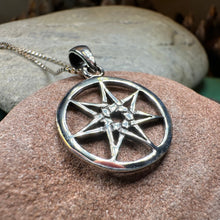 Load image into Gallery viewer, Petite Elven Star Necklace, Seven Pointed Star Necklace, Celestial Pendant, Wiccan Jewelry, Witch Pendant, Pagan Jewelry, Oak Leaf, Mystical
