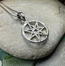 Load image into Gallery viewer, Petite Elven Star Necklace, Seven Pointed Star Necklace, Celestial Pendant, Wiccan Jewelry, Witch Pendant, Pagan Jewelry, Oak Leaf, Mystical
