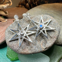 Load image into Gallery viewer, Elven Star Earrings, Seven Pointed Star Jewelry, Celestial Post Earrings, Wiccan Jewelry, Moonstone Jewelry, Pagan Jewelry, Oak Leaf Gift
