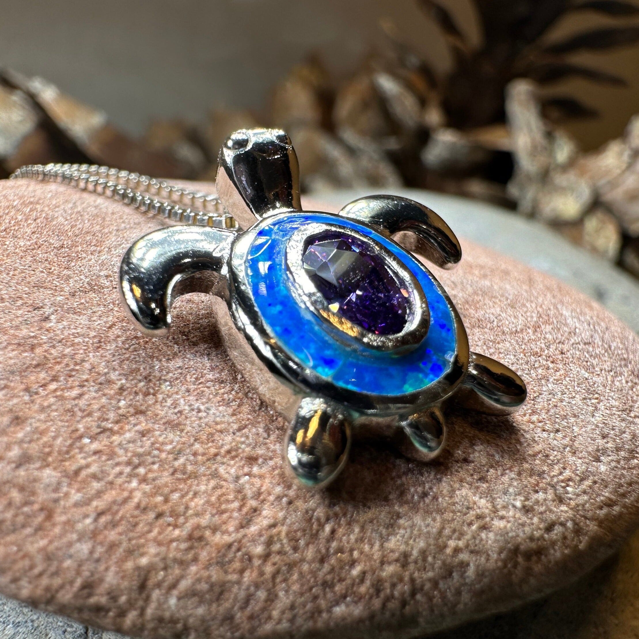 Deep Blue Opal Turtle Necklace Celtic Crystal Design Jewelry