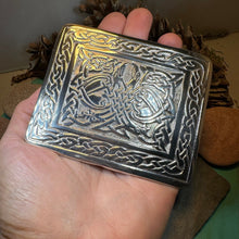 Load image into Gallery viewer, Celtic Kilt Belt Buckle, Scottish Belt Buckle, Pewter Buckle, Large Belt Buckle, Men&#39;s Celtic Gift, Irish Gift, Celtic Knot Buckle, Bagpiper
