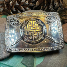 Load image into Gallery viewer, Celtic Kilt Belt Buckle, Scottish Belt Buckle, Pewter Buckle, Large Belt Buckle, Men&#39;s Celtic Gift, Irish Gift, Celtic Knot Buckle, Bagpiper
