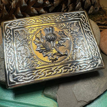 Load image into Gallery viewer, Celtic Kilt Belt Buckle, Scottish Belt Buckle, Pewter Thistle Buckle, Large Belt Buckle, Men&#39;s Celtic Gift, Celtic Knot Buckle, Bagpiper
