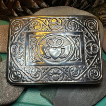 Load image into Gallery viewer, Celtic Kilt Belt Buckle, Irish Belt Buckle, Pewter Claddagh Buckle, Large Belt Buckle, Men&#39;s Celtic Gift, Celtic Knot Buckle, Bagpiper Gift
