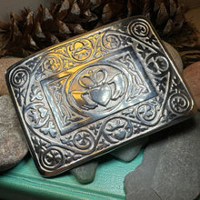 Load image into Gallery viewer, Celtic Kilt Belt Buckle, Irish Belt Buckle, Pewter Claddagh Buckle, Large Belt Buckle, Men&#39;s Celtic Gift, Celtic Knot Buckle, Bagpiper Gift
