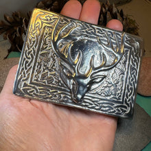 Load image into Gallery viewer, Celtic Kilt Belt Buckle, Scottish Belt Buckle, Pewter Stag Buckle, Large Belt Buckle, Men&#39;s Celtic Gift, Celtic Knot Buckle, Bagpiper
