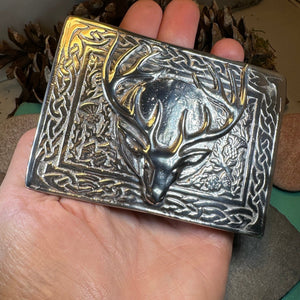 Celtic Kilt Belt Buckle, Scottish Belt Buckle, Pewter Stag Buckle, Large Belt Buckle, Men's Celtic Gift, Celtic Knot Buckle, Bagpiper