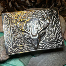 Load image into Gallery viewer, Celtic Kilt Belt Buckle, Scottish Belt Buckle, Pewter Stag Buckle, Large Belt Buckle, Men&#39;s Celtic Gift, Celtic Knot Buckle, Bagpiper
