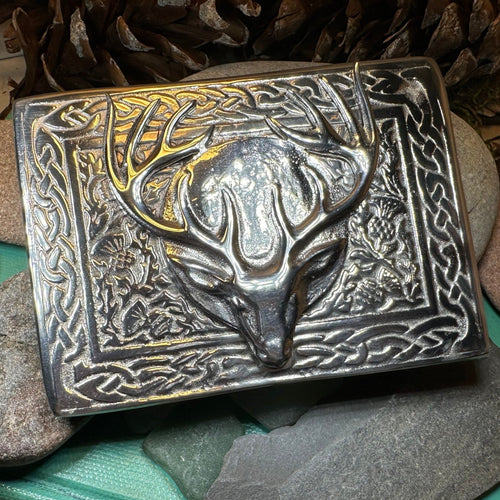 Celtic Kilt Belt Buckle, Scottish Belt Buckle, Pewter Stag Buckle, Large Belt Buckle, Men's Celtic Gift, Celtic Knot Buckle, Bagpiper