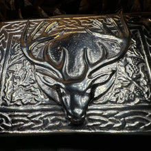 Load image into Gallery viewer, Celtic Kilt Belt Buckle, Scottish Belt Buckle, Pewter Stag Buckle, Large Belt Buckle, Men&#39;s Celtic Gift, Celtic Knot Buckle, Bagpiper
