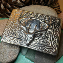 Load image into Gallery viewer, Celtic Kilt Belt Buckle, Scottish Belt Buckle, Pewter Stag Buckle, Large Belt Buckle, Men&#39;s Celtic Gift, Celtic Knot Buckle, Bagpiper
