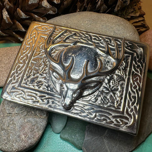 Celtic Kilt Belt Buckle, Scottish Belt Buckle, Pewter Stag Buckle, Large Belt Buckle, Men's Celtic Gift, Celtic Knot Buckle, Bagpiper