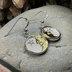 Moon Earrings, Celtic Jewelry, Celestial Jewelry, Crescent Moon Earrings, Full Moon Jewelry, Star Jewelry, Anniversary Gift, Gold Earrings